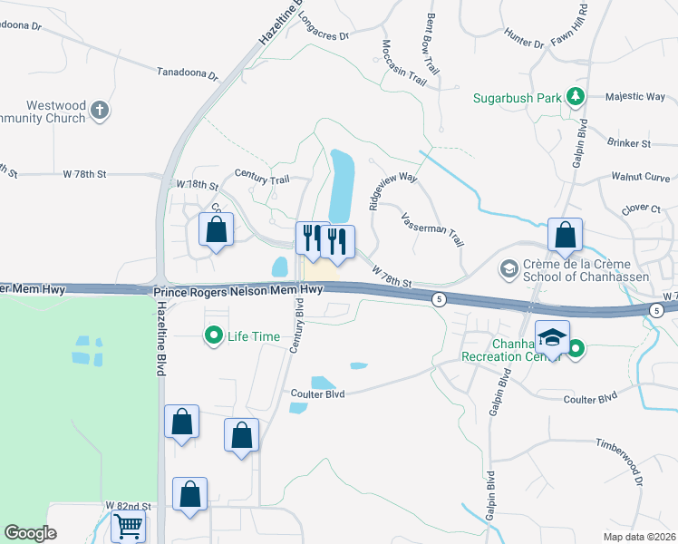 map of restaurants, bars, coffee shops, grocery stores, and more near 2635 West 78th Street in Chanhassen