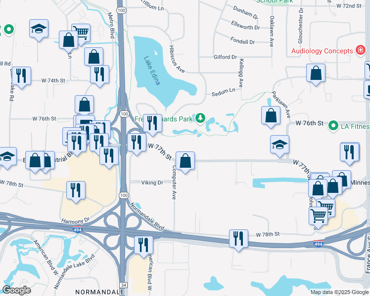 map of restaurants, bars, coffee shops, grocery stores, and more near 4700 West 77th Street in Minneapolis