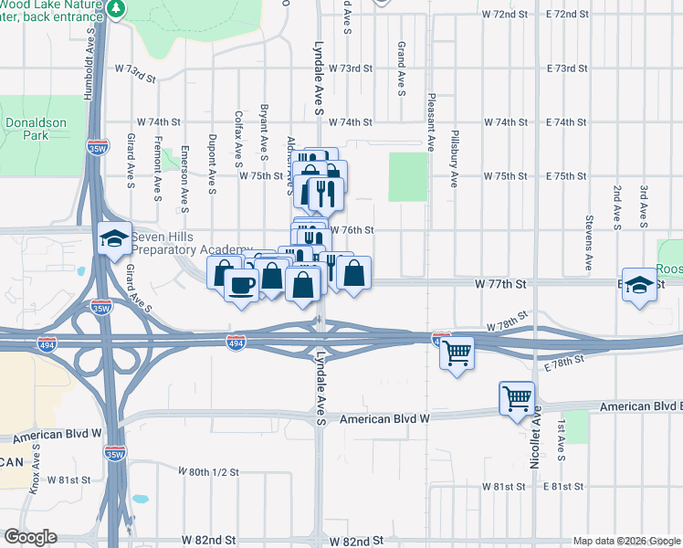 map of restaurants, bars, coffee shops, grocery stores, and more near 7645 Lyndale Avenue South in Minneapolis