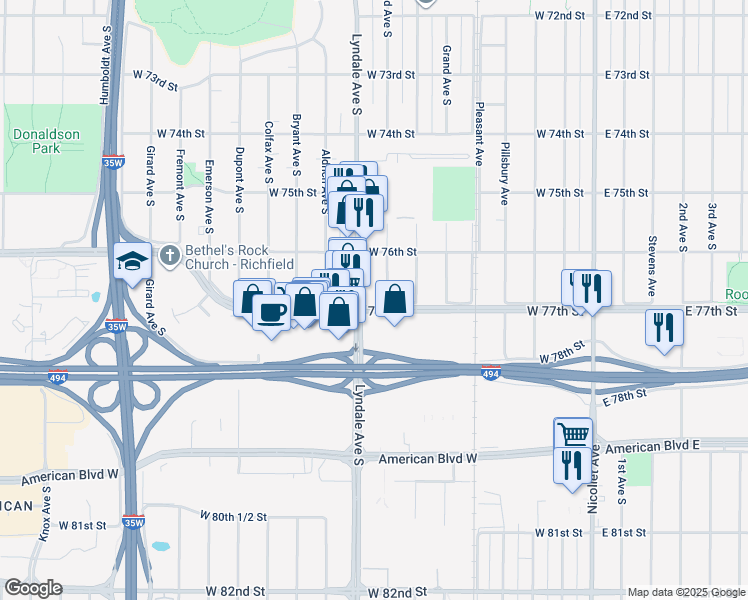 map of restaurants, bars, coffee shops, grocery stores, and more near 7710 Lyndale Avenue South in Minneapolis