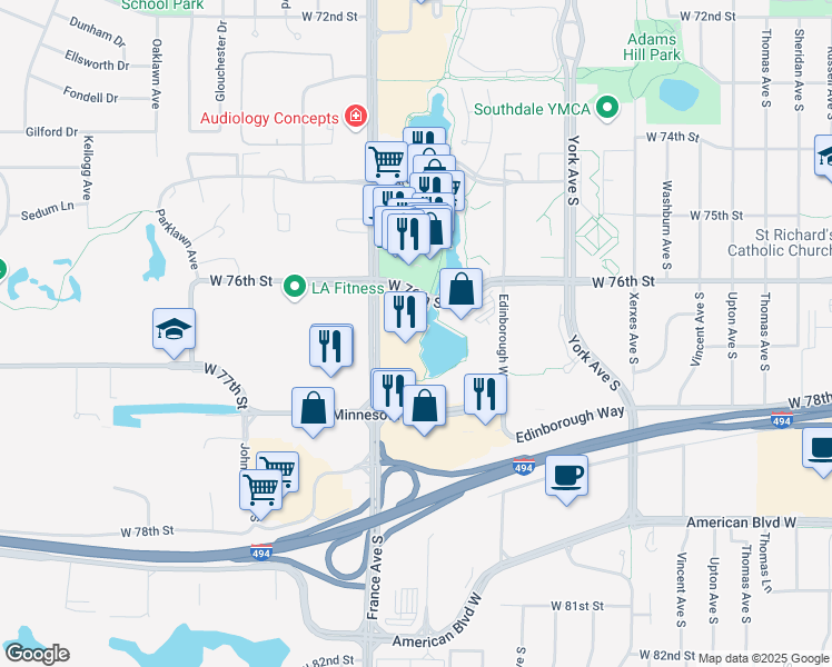 map of restaurants, bars, coffee shops, grocery stores, and more near 7601 France Avenue South in Minneapolis
