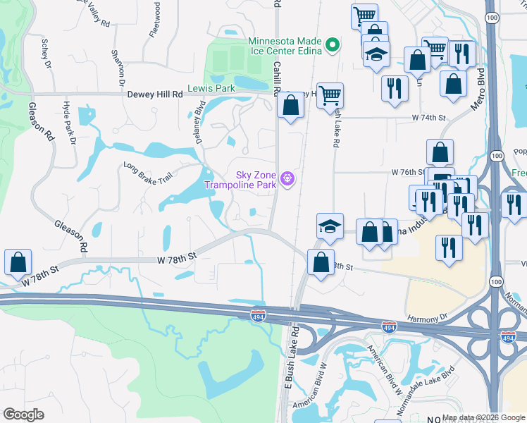 map of restaurants, bars, coffee shops, grocery stores, and more near 7700 Cahill Road in Minneapolis
