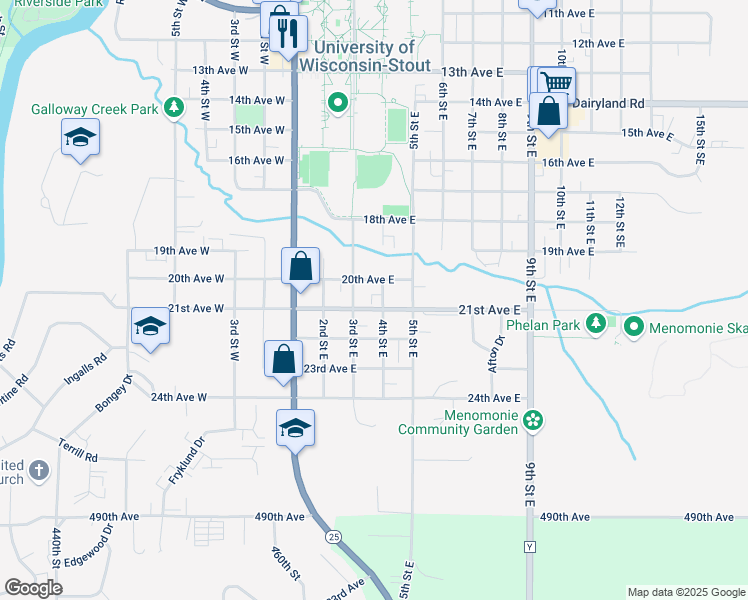 map of restaurants, bars, coffee shops, grocery stores, and more near 2107 4th Street East in Menomonie