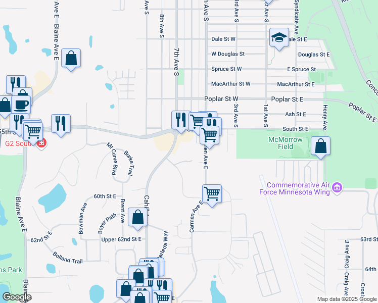 map of restaurants, bars, coffee shops, grocery stores, and more near 5898 Cahill Avenue in Inver Grove Heights