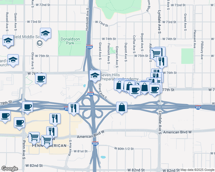 map of restaurants, bars, coffee shops, grocery stores, and more near 1 Meridian Crossings in Richfield