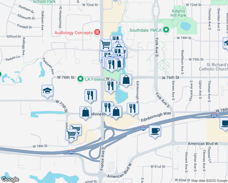 map of restaurants, bars, coffee shops, grocery stores, and more near 7601 France Ave S in Edina