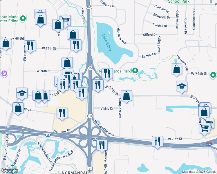 map of restaurants, bars, coffee shops, grocery stores, and more near 7761 Normandale Road in Edina