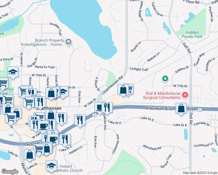 map of restaurants, bars, coffee shops, grocery stores, and more near 7741 Minnesota 101 in Chanhassen