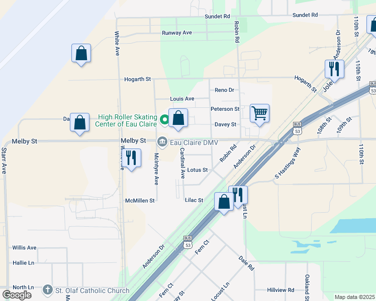 map of restaurants, bars, coffee shops, grocery stores, and more near 3207 Primrose Street in Eau Claire