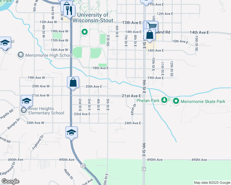 map of restaurants, bars, coffee shops, grocery stores, and more near 515 21st Avenue East in Menomonie