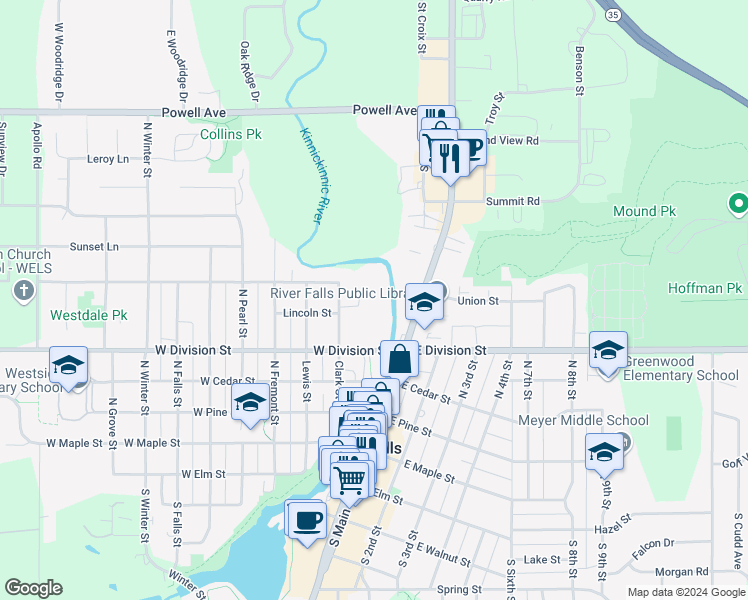map of restaurants, bars, coffee shops, grocery stores, and more near 530 Clark Street in River Falls