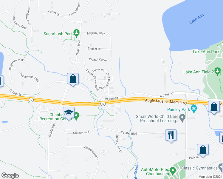 map of restaurants, bars, coffee shops, grocery stores, and more near 2050 Waterleaf Lane East in Chanhassen