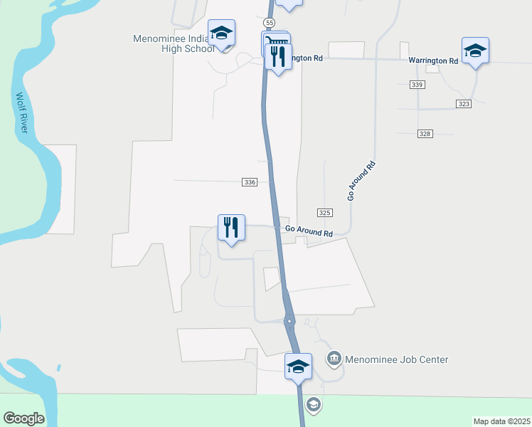 map of restaurants, bars, coffee shops, grocery stores, and more near W2844 Duquaine Road in Keshena