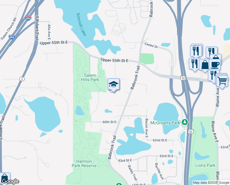 map of restaurants, bars, coffee shops, grocery stores, and more near 5899 Babcock Trail in Inver Grove Heights