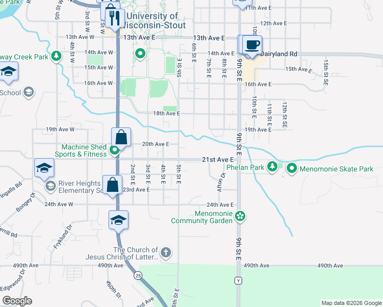 map of restaurants, bars, coffee shops, grocery stores, and more near 525 21st Avenue East in Menomonie