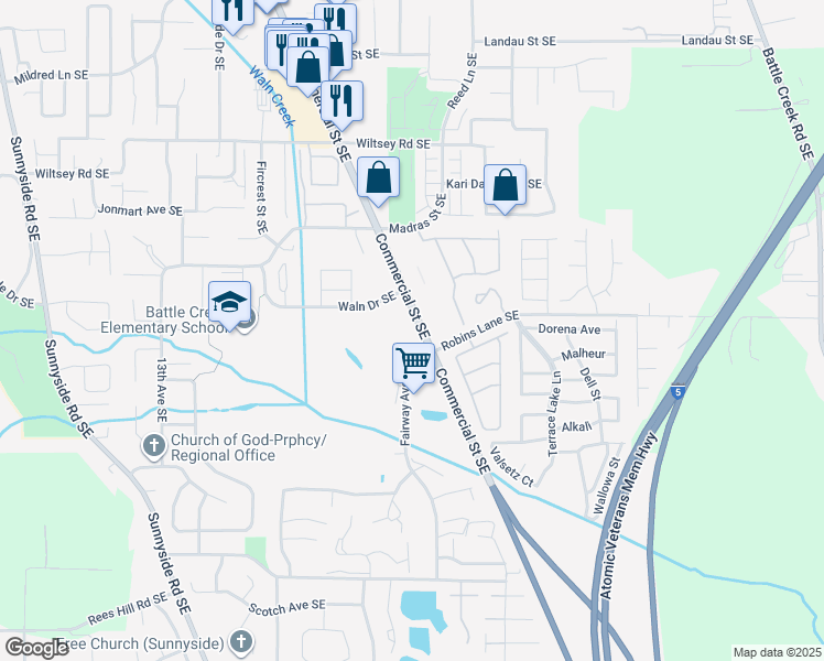 map of restaurants, bars, coffee shops, grocery stores, and more near 6263 Fairway Avenue Southeast in Salem