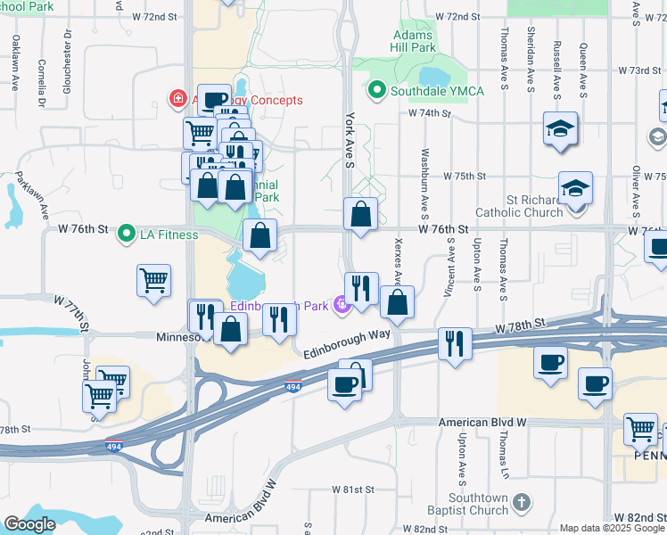 map of restaurants, bars, coffee shops, grocery stores, and more near 7622 York Avenue South in Minneapolis