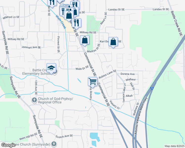 map of restaurants, bars, coffee shops, grocery stores, and more near 6263 Fairway Avenue Southeast in Salem
