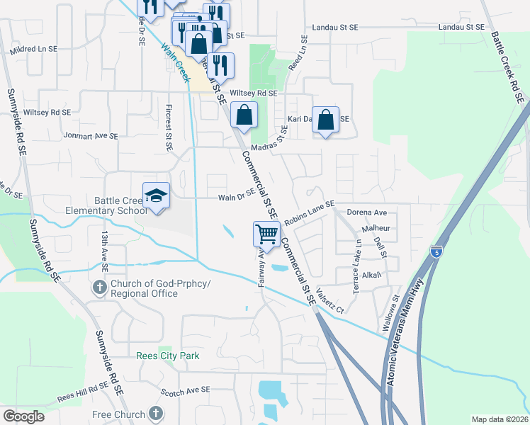 map of restaurants, bars, coffee shops, grocery stores, and more near 6263 Fairway Avenue Southeast in Salem