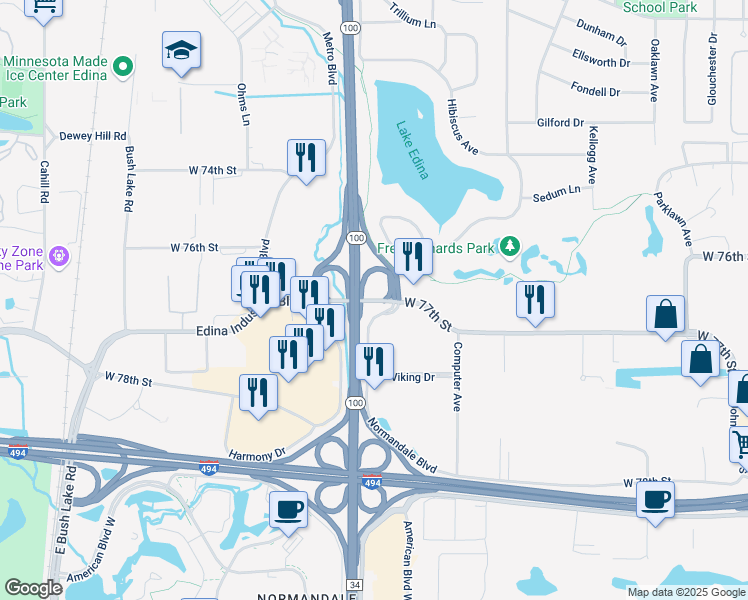 map of restaurants, bars, coffee shops, grocery stores, and more near 7769-7799 Normandale Rd in Edina