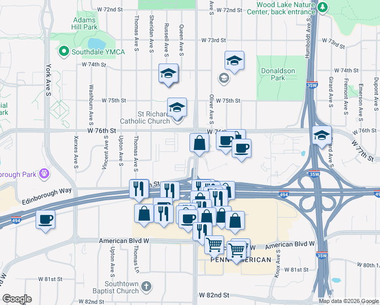 map of restaurants, bars, coffee shops, grocery stores, and more near 7620 Penn Avenue South in Richfield