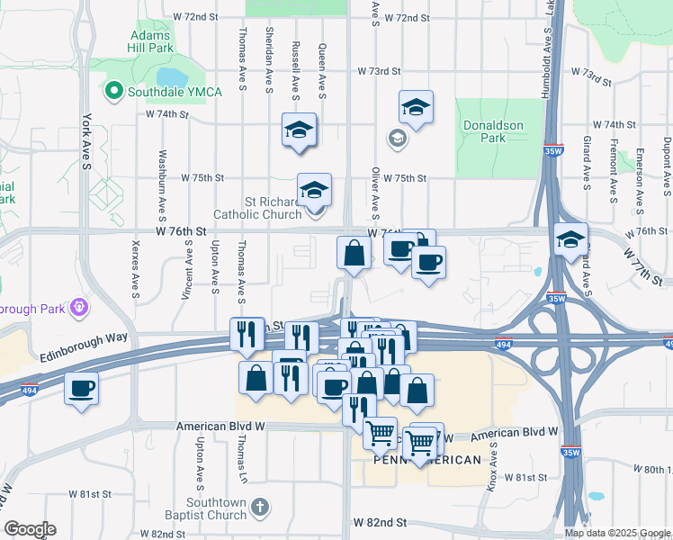 map of restaurants, bars, coffee shops, grocery stores, and more near 7744 Penn Avenue South in Minneapolis