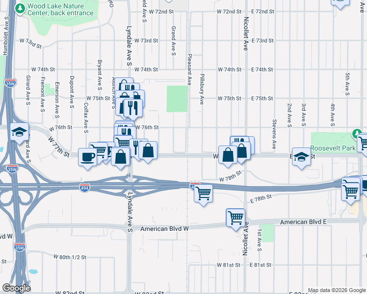 map of restaurants, bars, coffee shops, grocery stores, and more near 7608 Pleasant Avenue in Minneapolis