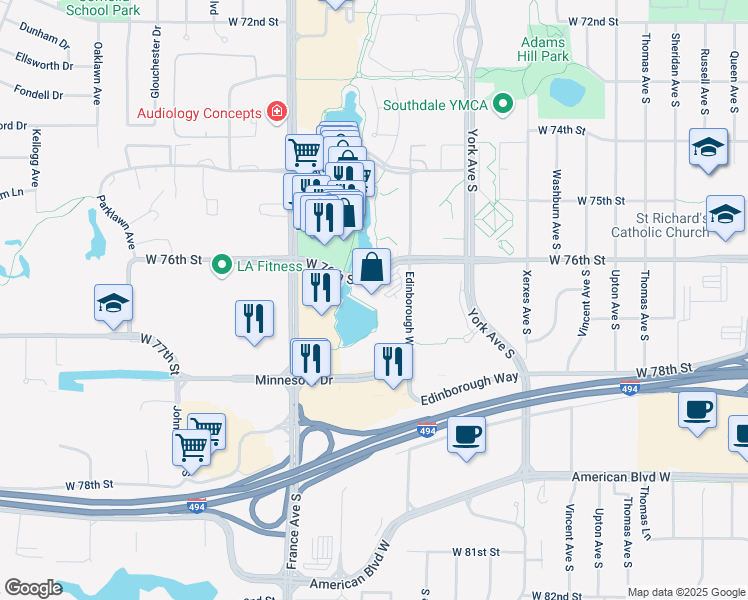 map of restaurants, bars, coffee shops, grocery stores, and more near 3601 West 76th Street in Minneapolis