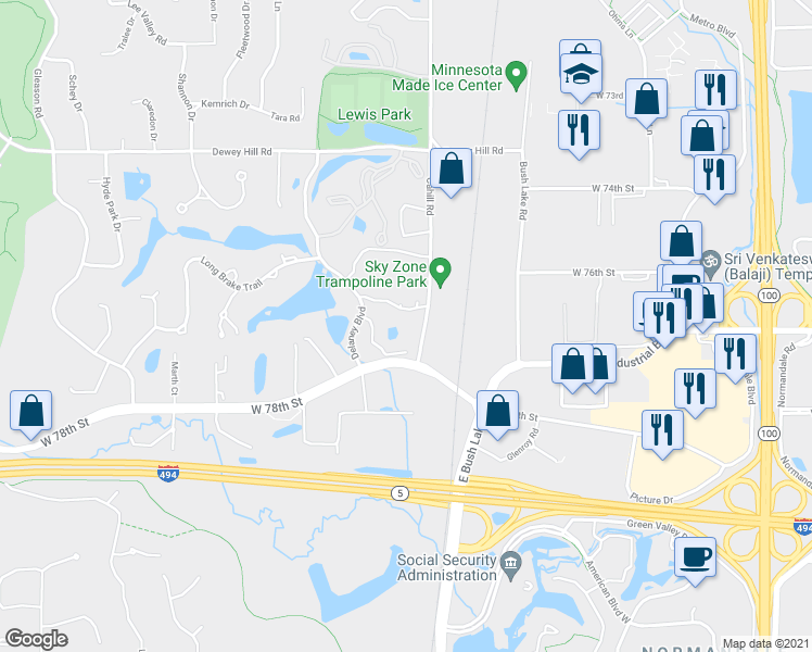 map of restaurants, bars, coffee shops, grocery stores, and more near 7510 Cahill Road in Minneapolis