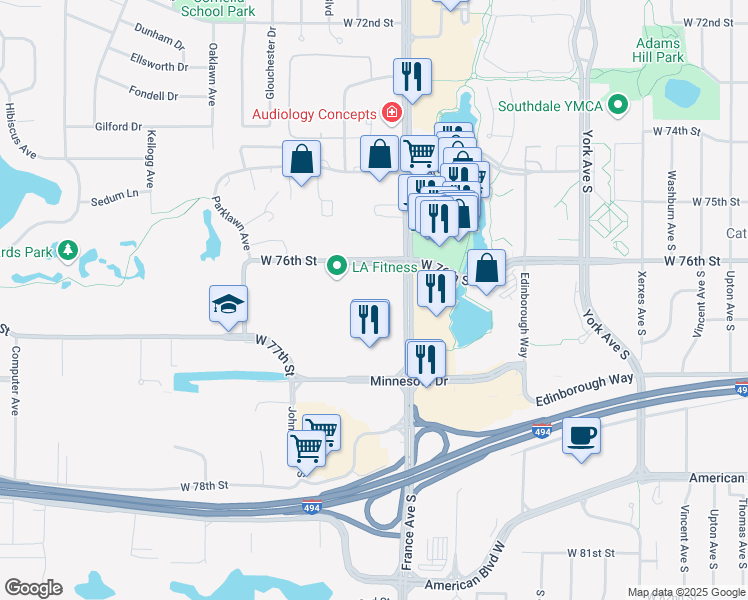 map of restaurants, bars, coffee shops, grocery stores, and more near 4043-4175 W 76th St in Edina