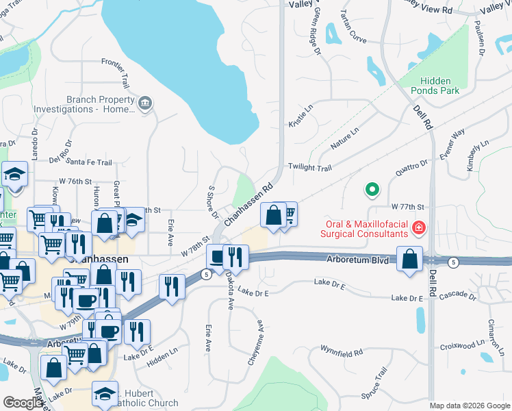 map of restaurants, bars, coffee shops, grocery stores, and more near 7701 Chanhassen Road in Chanhassen