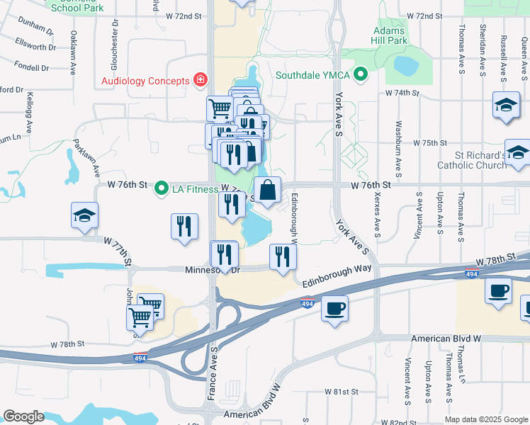 map of restaurants, bars, coffee shops, grocery stores, and more near 3601 West 76th Street in Minneapolis