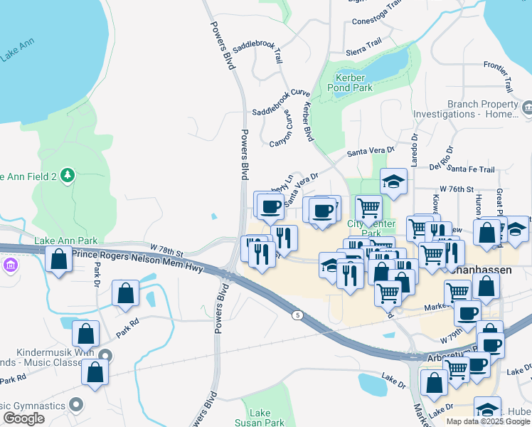 map of restaurants, bars, coffee shops, grocery stores, and more near 913 Kelly Court in Chanhassen