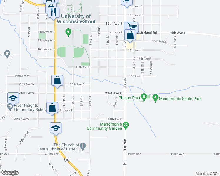 map of restaurants, bars, coffee shops, grocery stores, and more near 2005 9th Street East in Menomonie