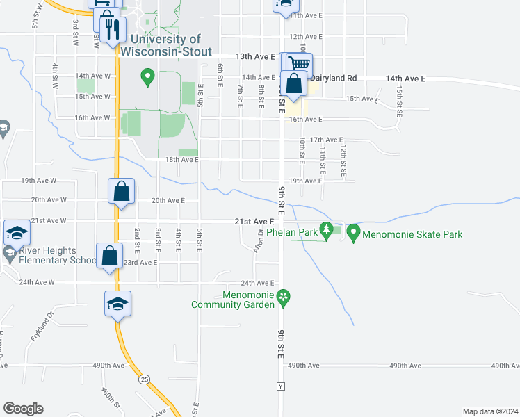 map of restaurants, bars, coffee shops, grocery stores, and more near 720 19th Avenue East in Menomonie