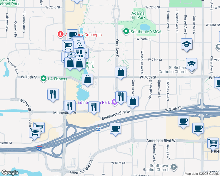 map of restaurants, bars, coffee shops, grocery stores, and more near 7602 York Avenue South in Edina
