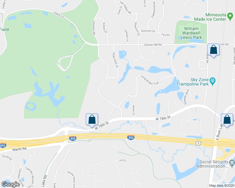 map of restaurants, bars, coffee shops, grocery stores, and more near 7601 Stonewood Court in Minneapolis