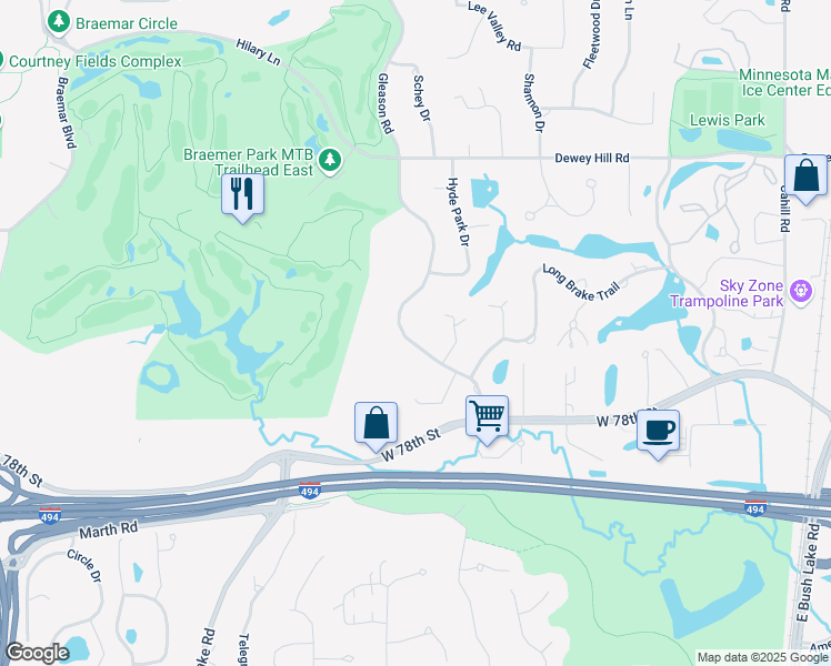 map of restaurants, bars, coffee shops, grocery stores, and more near 7611 Gleason Road in Minneapolis