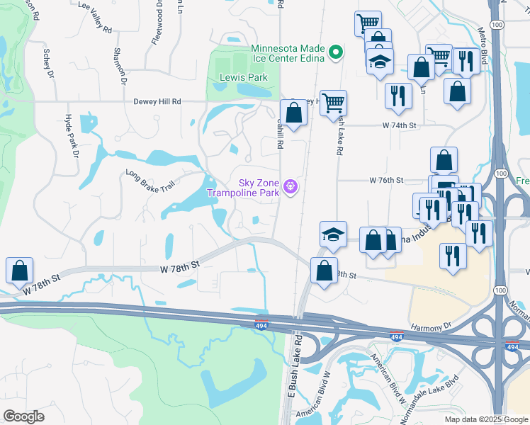 map of restaurants, bars, coffee shops, grocery stores, and more near 7700 Cahill Road in Minneapolis