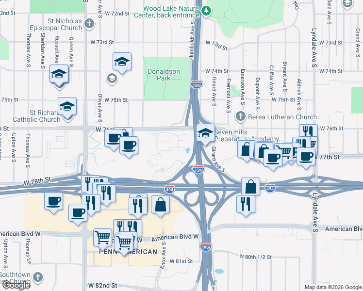 map of restaurants, bars, coffee shops, grocery stores, and more near 7617 Knox Avenue South in Richfield