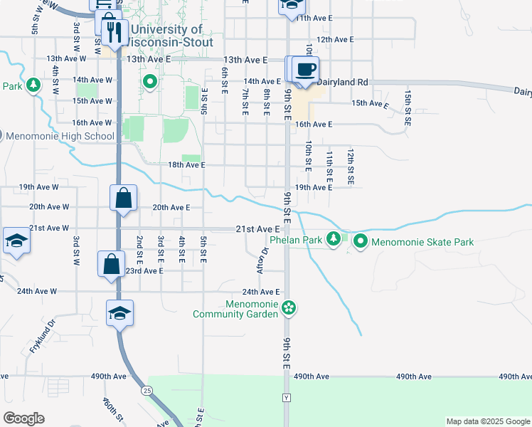 map of restaurants, bars, coffee shops, grocery stores, and more near 2003 9th Street East in Menomonie
