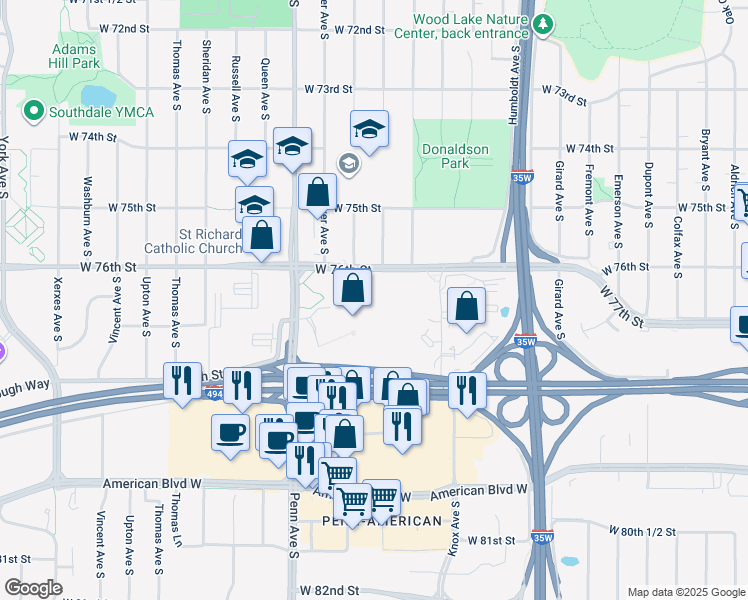 map of restaurants, bars, coffee shops, grocery stores, and more near 7601 Penn Avenue South in Richfield
