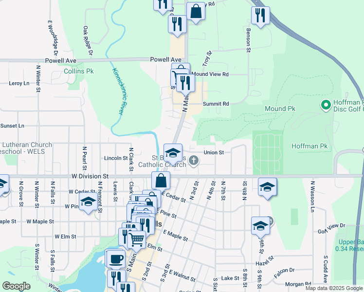 map of restaurants, bars, coffee shops, grocery stores, and more near 119 Union Street in River Falls