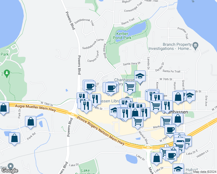 map of restaurants, bars, coffee shops, grocery stores, and more near 7667 Nicholas Way in Chanhassen
