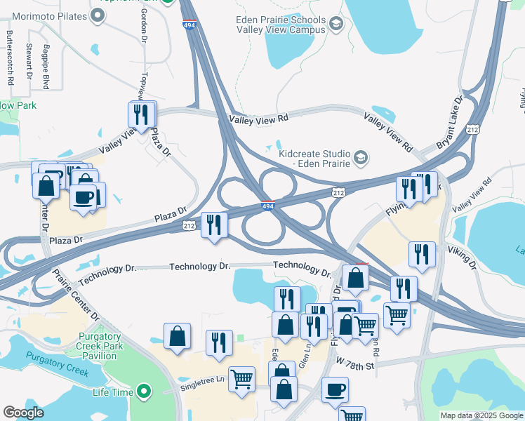 map of restaurants, bars, coffee shops, grocery stores, and more near Interstate 494 in Eden Prairie