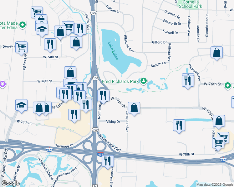 map of restaurants, bars, coffee shops, grocery stores, and more near 7465 West Shore Drive in Minneapolis