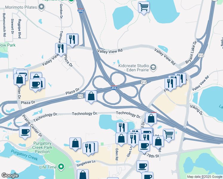 map of restaurants, bars, coffee shops, grocery stores, and more near Interstate 494 in Eden Prairie