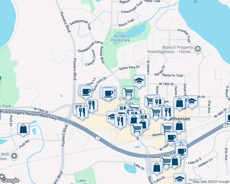 map of restaurants, bars, coffee shops, grocery stores, and more near 740 West Village Road in Chanhassen
