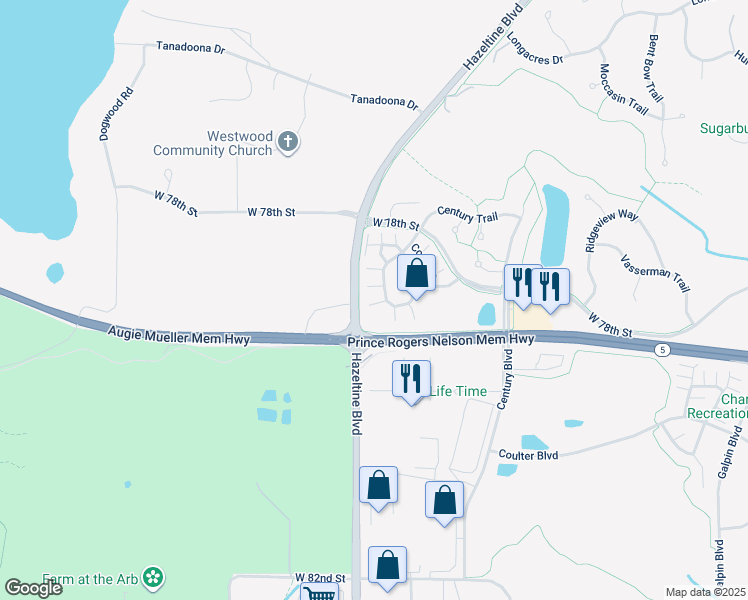 map of restaurants, bars, coffee shops, grocery stores, and more near 2975 Village Court in Chanhassen
