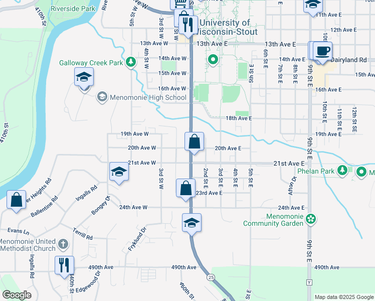 map of restaurants, bars, coffee shops, grocery stores, and more near 119 20th Avenue West in Menomonie